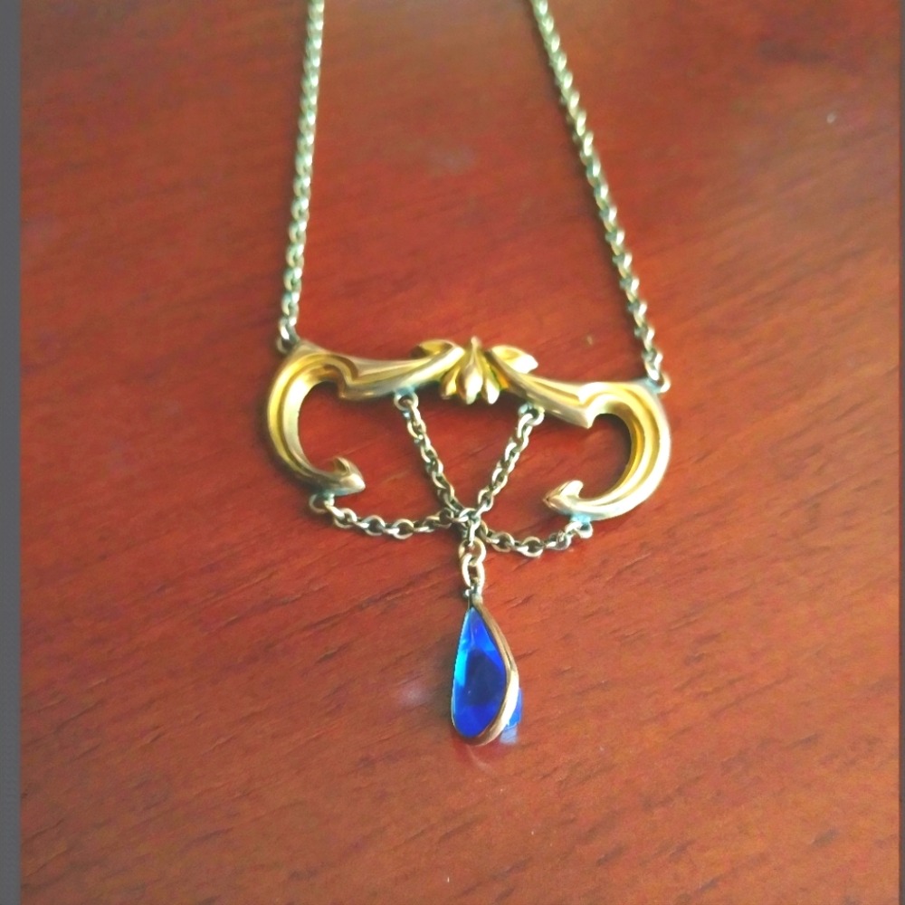 Art Nouveau Gold Filled Blue Teardrop Necklace 1920s